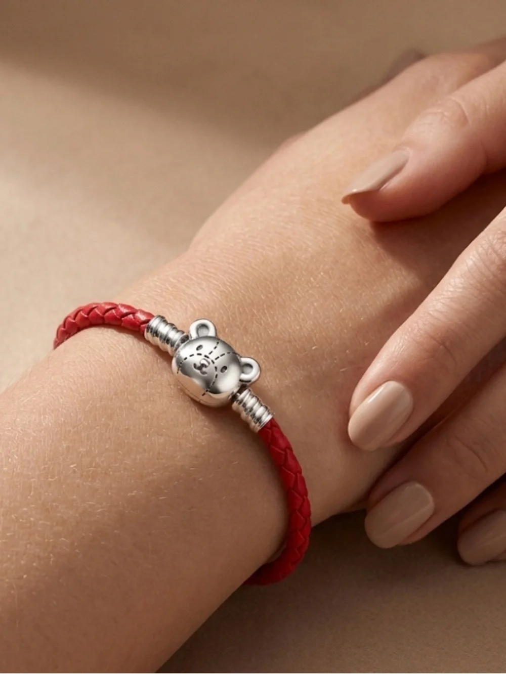 Kids Red Braided Leather Bracelet with Silver Teddy Charm